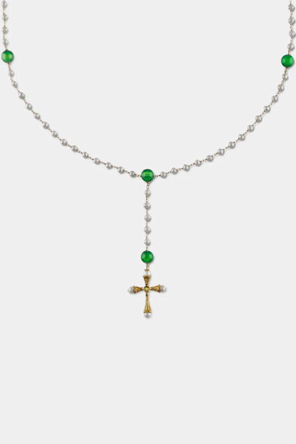 VEERT Freshwater Pearl Green Onyx & Peridot Rosary Necklace - Yellow Gold