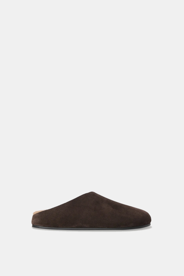 The Row Hudson Suede and Shearling Mules - Lacquer Brown