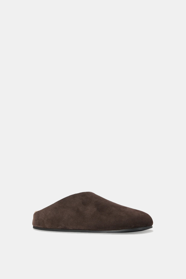 The Row Hudson Suede and Shearling Mules - Lacquer Brown