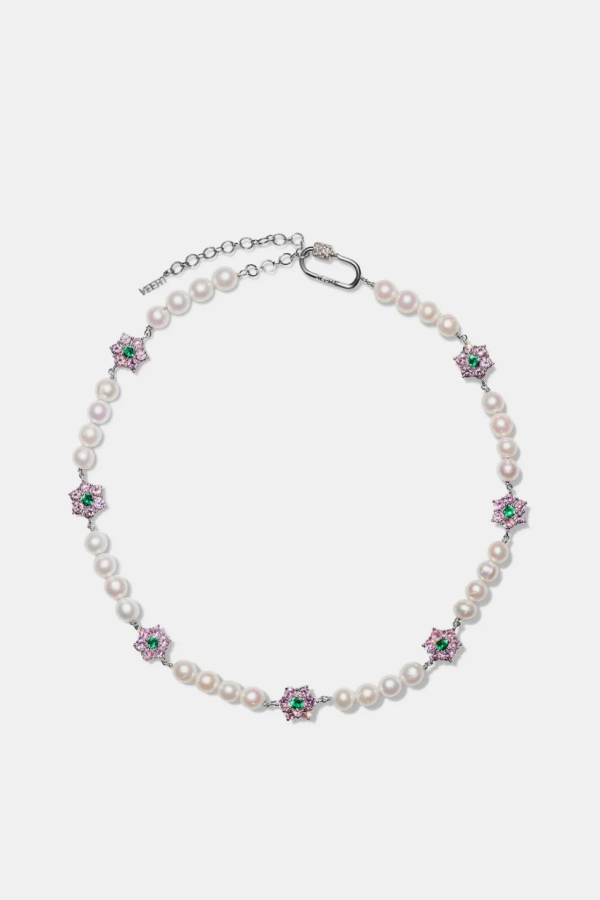 VEERT Pink & Green Flower Stone Freshwater Pearl Necklace - Yellow Gold