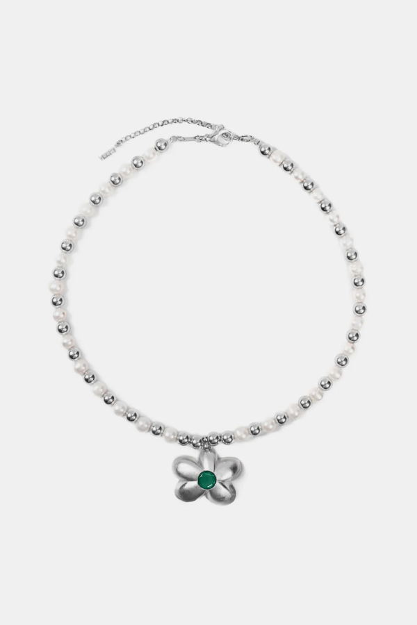 VEERT The Flower Pearl Bead Chain Necklace - White Gold