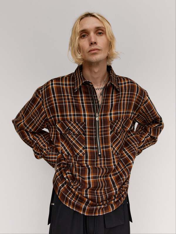 TAKAHIROMIYASHITA The Soloist. Brown Plaid Cotton Half Zip Pullover Shirt