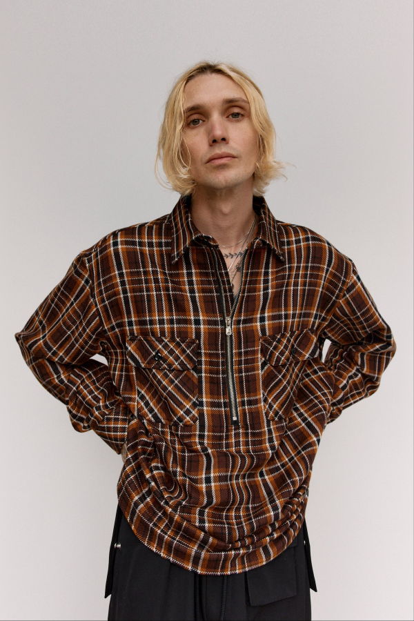 TAKAHIROMIYASHITA The Soloist. Brown Plaid Cotton Half Zip Pullover Shirt