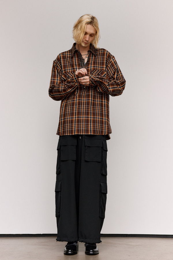 TAKAHIROMIYASHITA The Soloist. Brown Plaid Cotton Half Zip Pullover Shirt