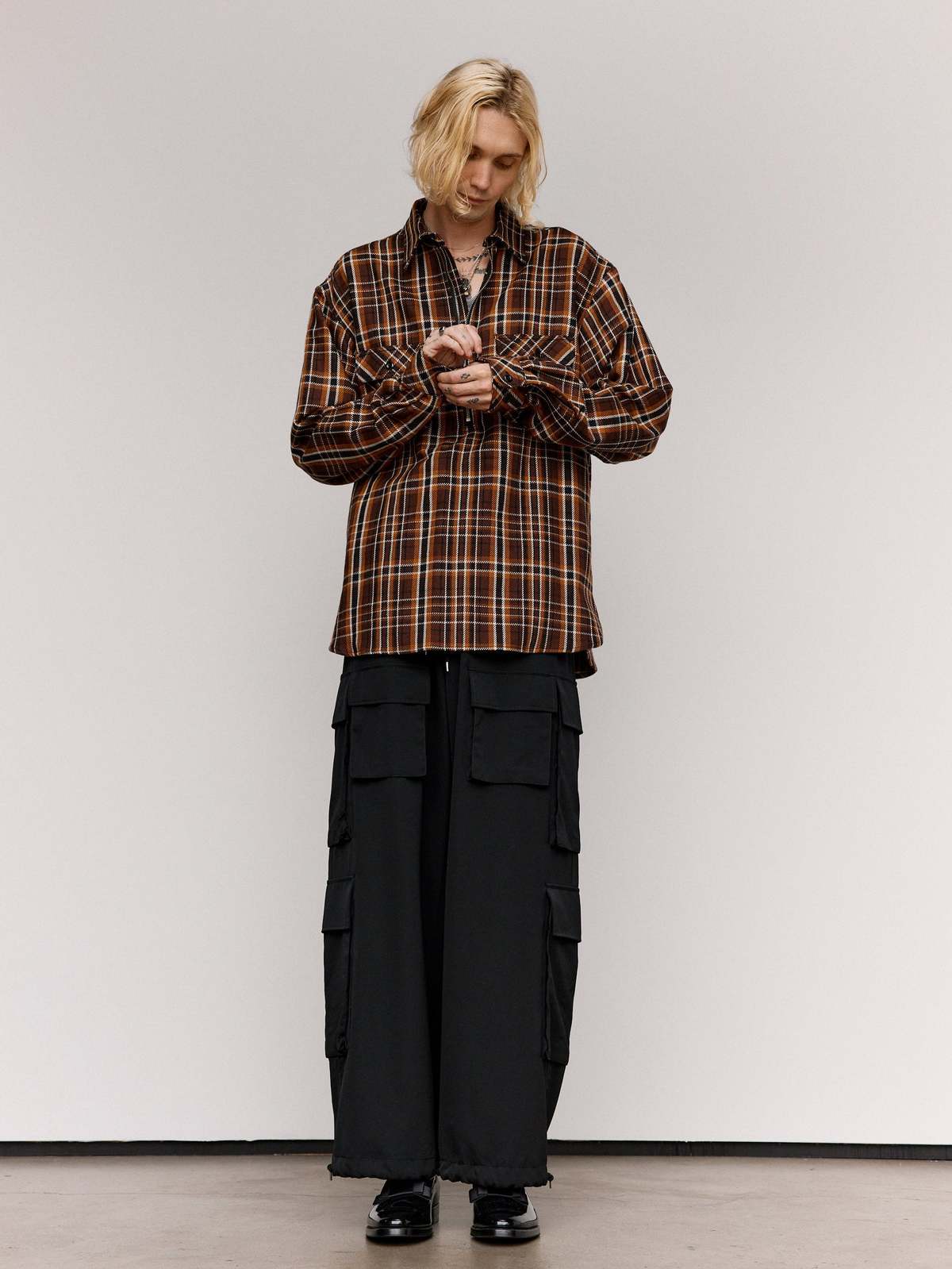 TAKAHIROMIYASHITA The Soloist. Brown Plaid Cotton Half Zip Pullover Shirt - Image 2 of 8