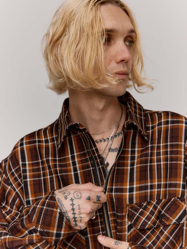 TAKAHIROMIYASHITA The Soloist. Brown Plaid Cotton Half Zip Pullover Shirt