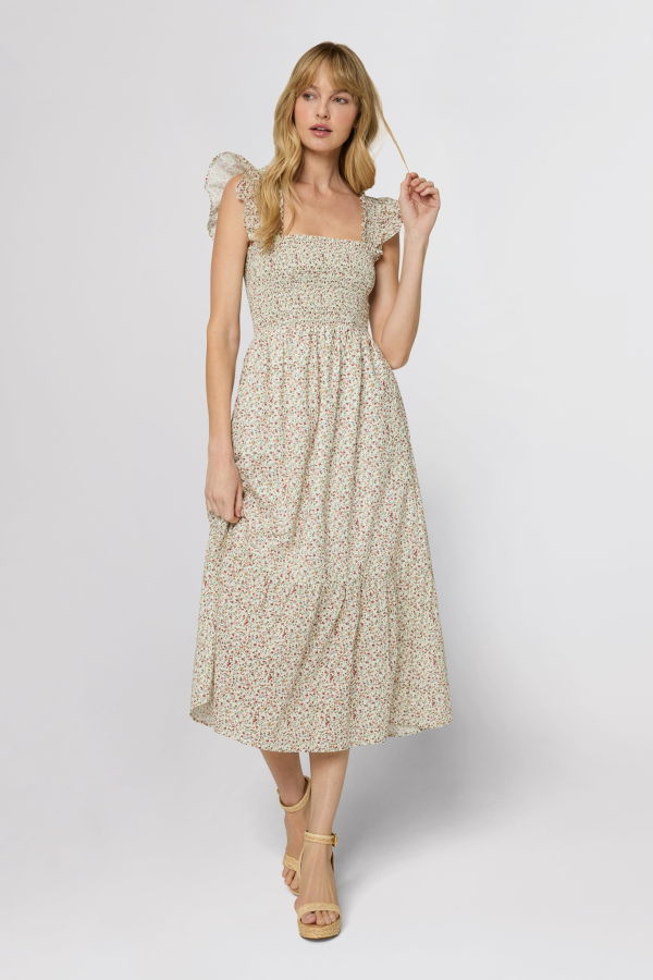The Standard Stitch Flounce Smocked Midi Dress - Ivory Floral