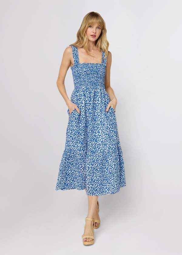 The Standard Stitch The Smocked Ruffle Tank Midi Dress - Blue Floral