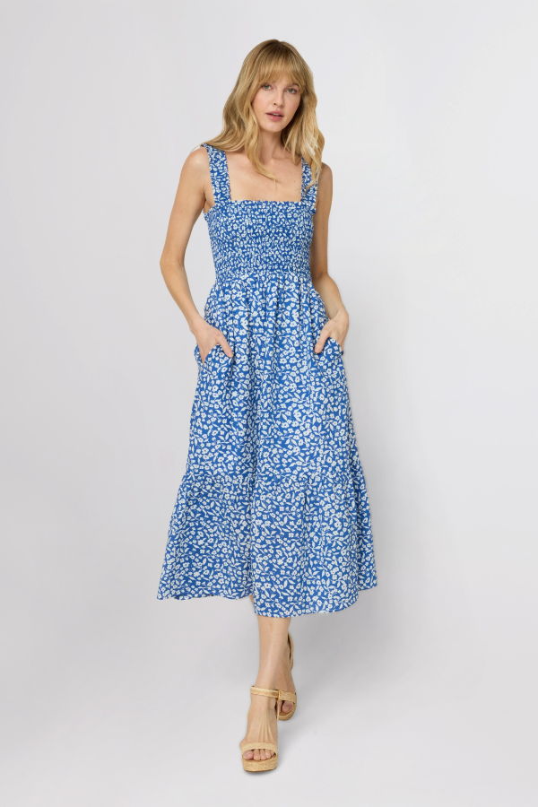 The Standard Stitch The Smocked Ruffle Tank Midi Dress - Blue Floral