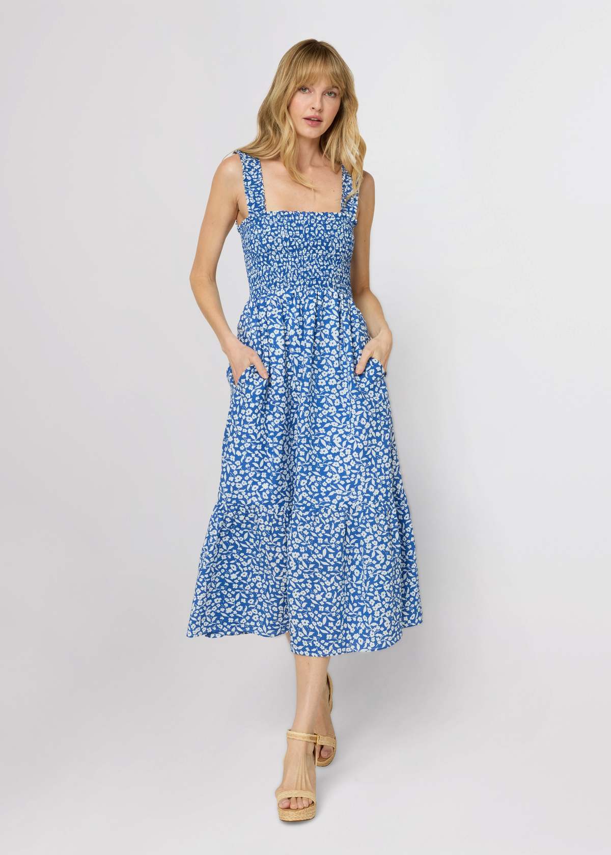 The Standard Stitch The Smocked Ruffle Tank Midi Dress - Blue Floral - Image 1 of 7