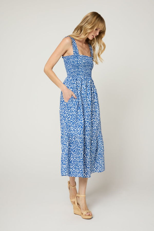 The Standard Stitch The Smocked Ruffle Tank Midi Dress - Blue Floral