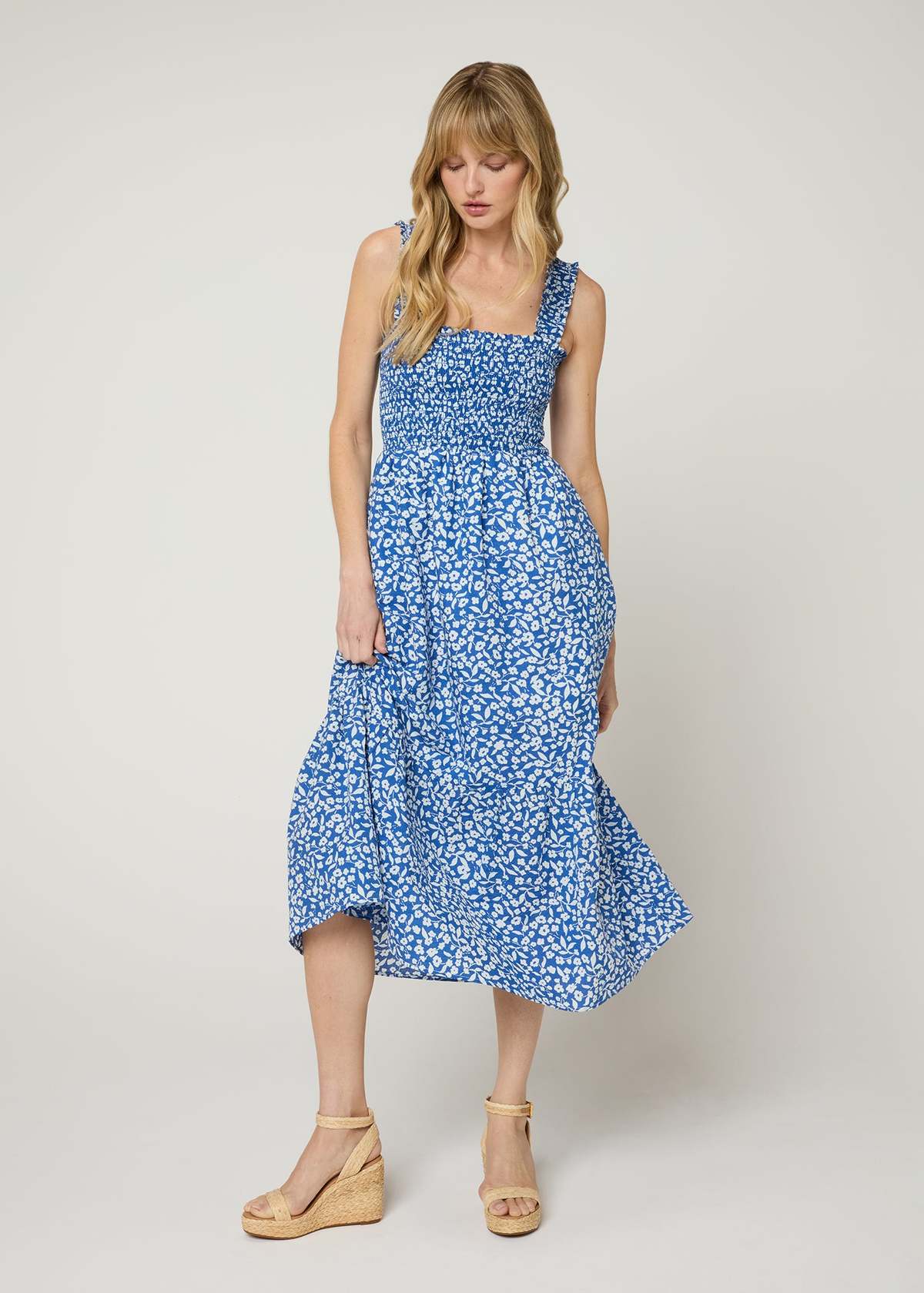 The Standard Stitch The Smocked Ruffle Tank Midi Dress - Blue Floral - Image 4 of 7