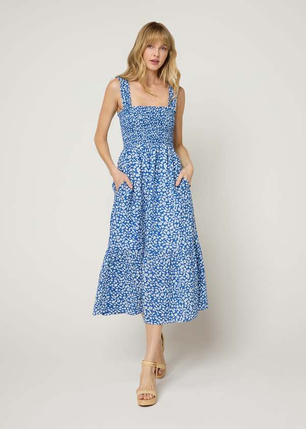 The Standard Stitch The Smocked Ruffle Tank Midi Dress - Blue Floral