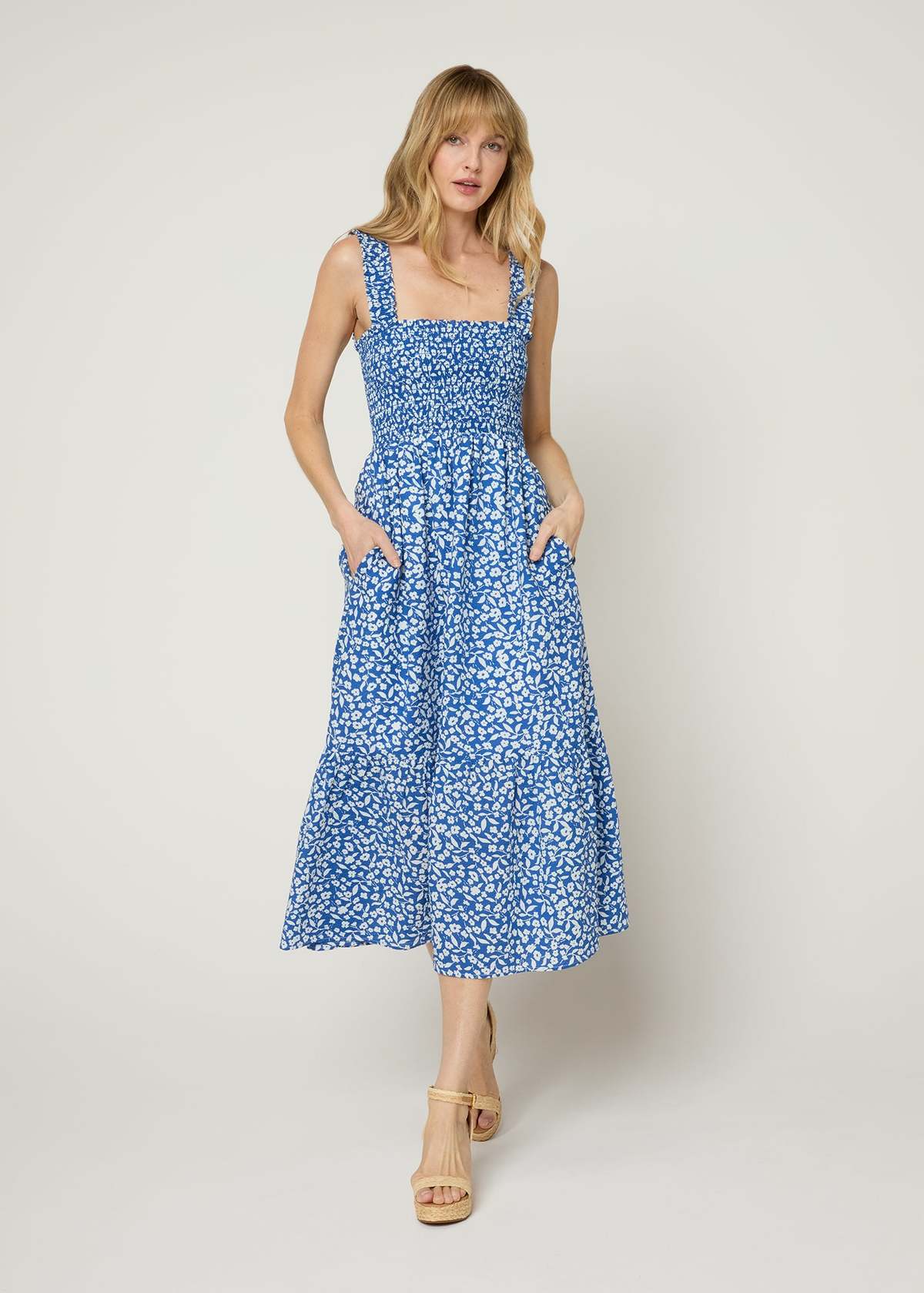 The Standard Stitch The Smocked Ruffle Tank Midi Dress - Blue Floral - Image 7 of 7