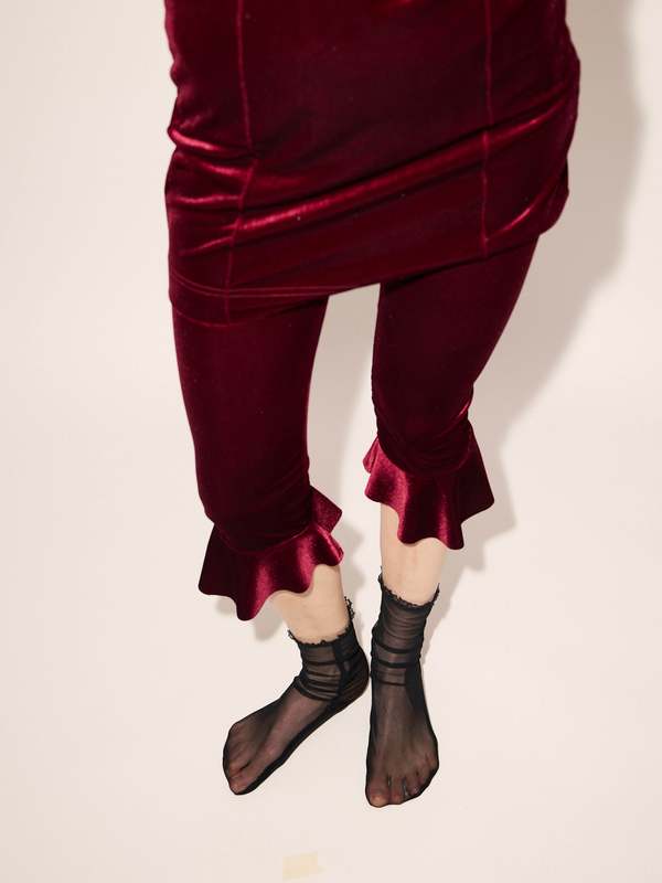 【SIMONE WILD】VELVET VOLANT CAPRI PANTS Simone Wild Velvet Volant Capri Pants - Wine | Garmentory