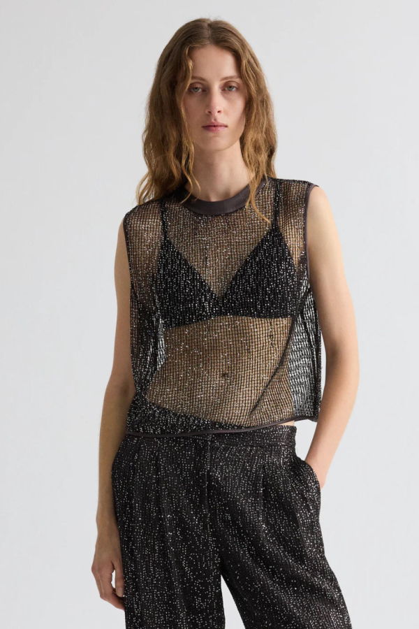TWP Short Muscle Tank in Mini Sequin Netting - Dark Chocolate/ Silver