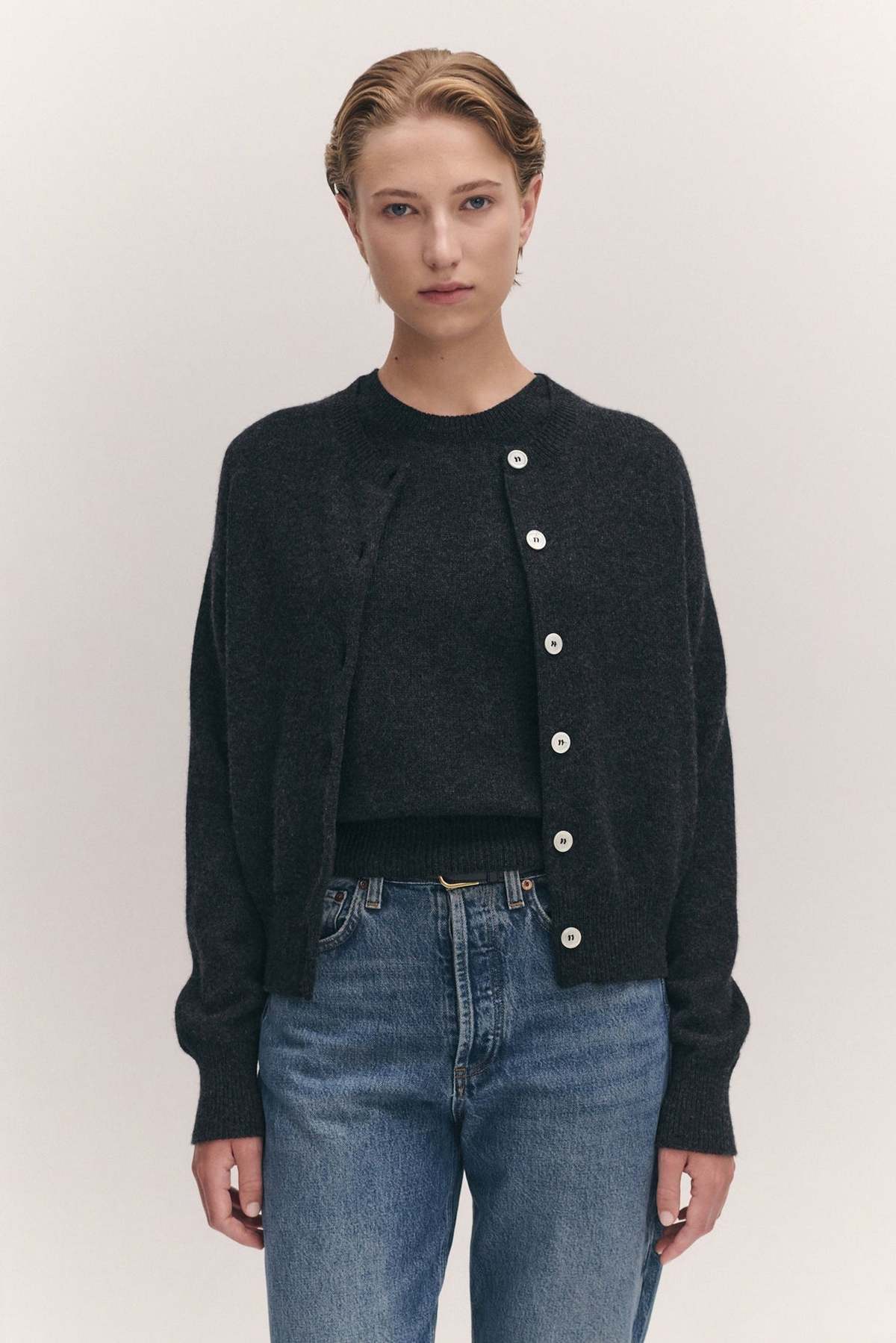 &Daughter Ada Crewneck Cardigan - Charcoal - Image 1 of 3