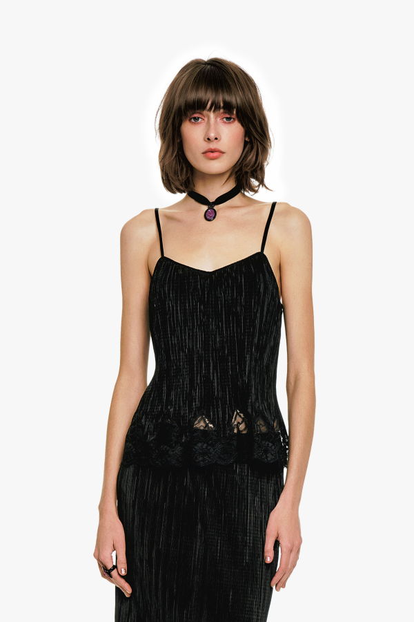 Anna Sui Pliss Lace Trimmed Cami Top