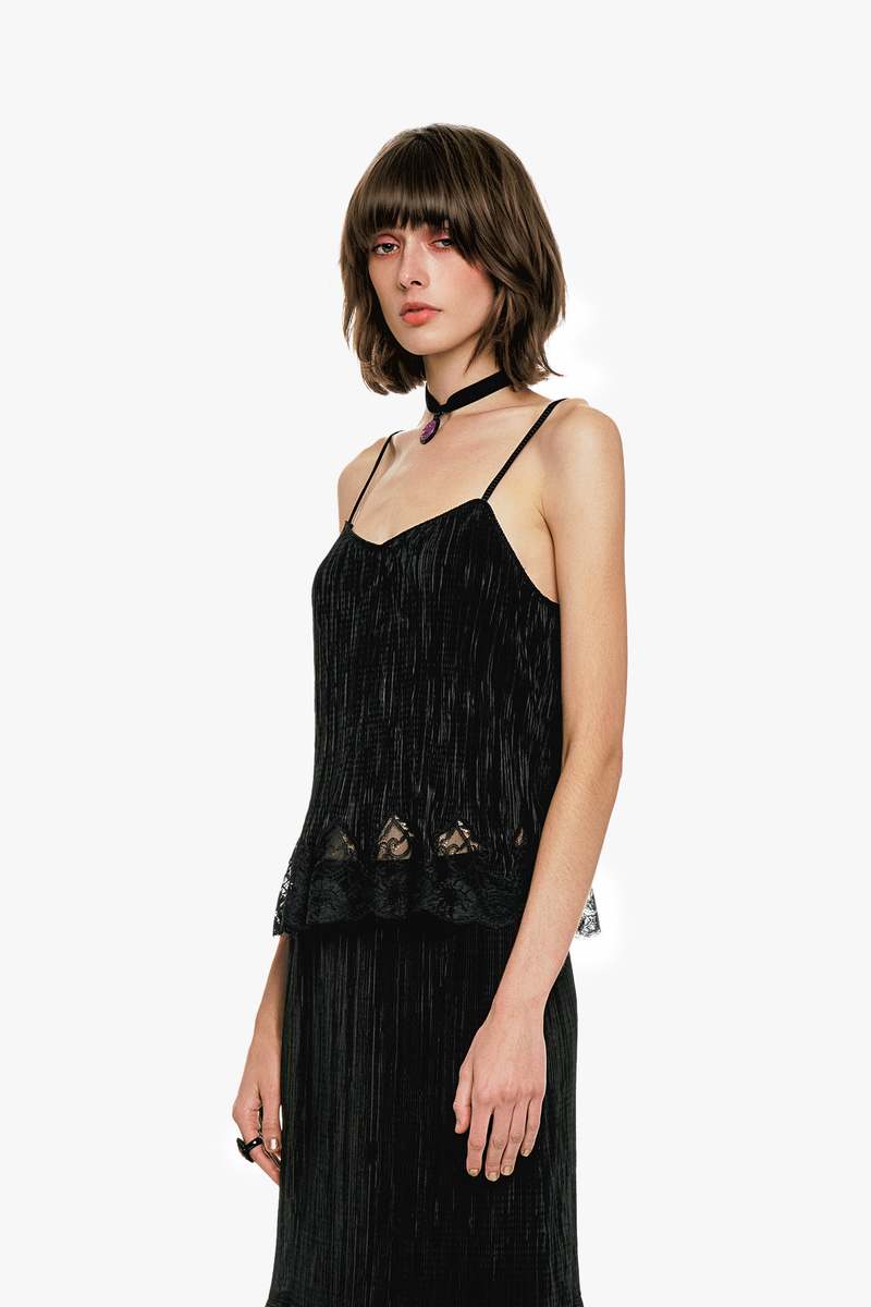 Anna Sui Pliss Lace Trimmed Cami Top