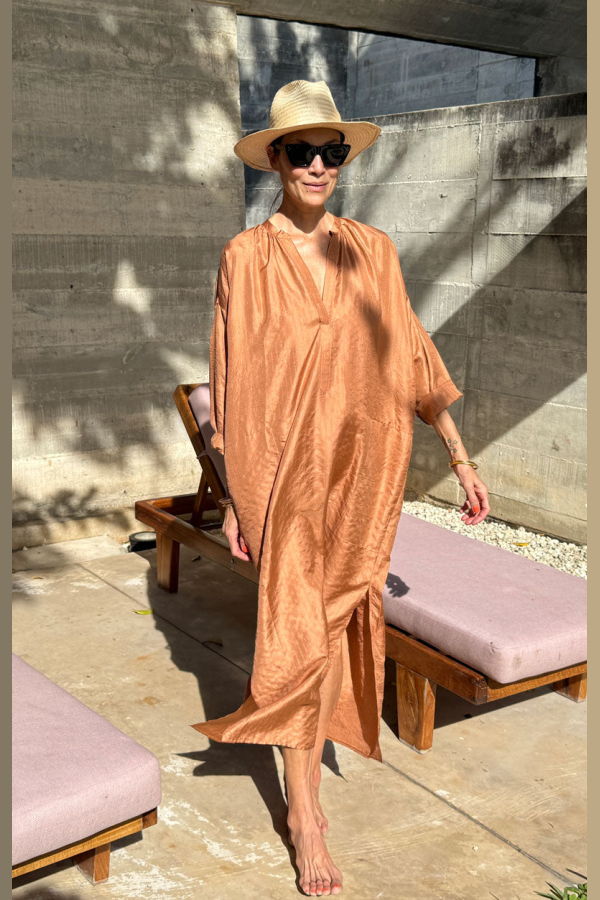 Two Copper Silk Metallic Pinstripe Long Caftan