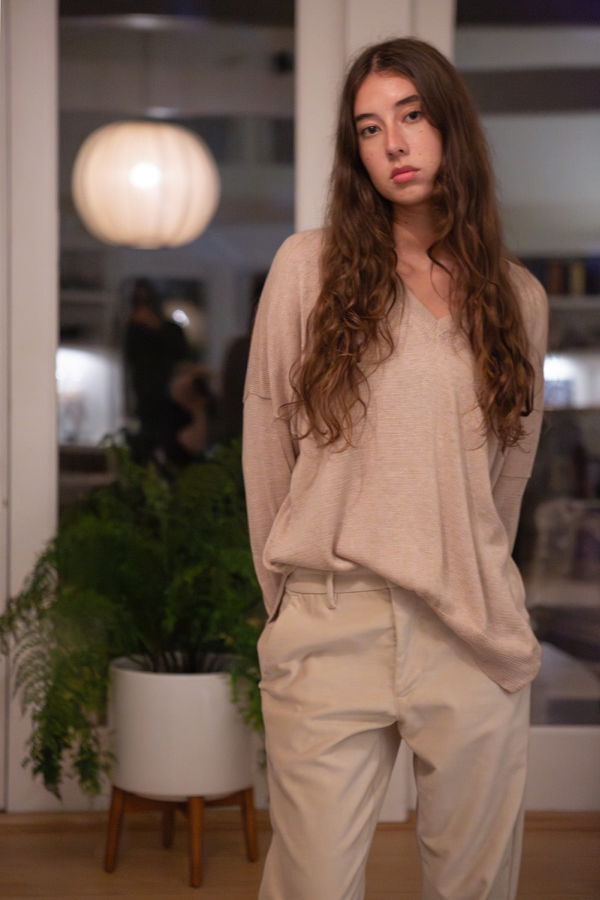 Erica Tanov Pima Cotton V Neck Pullover - Twig