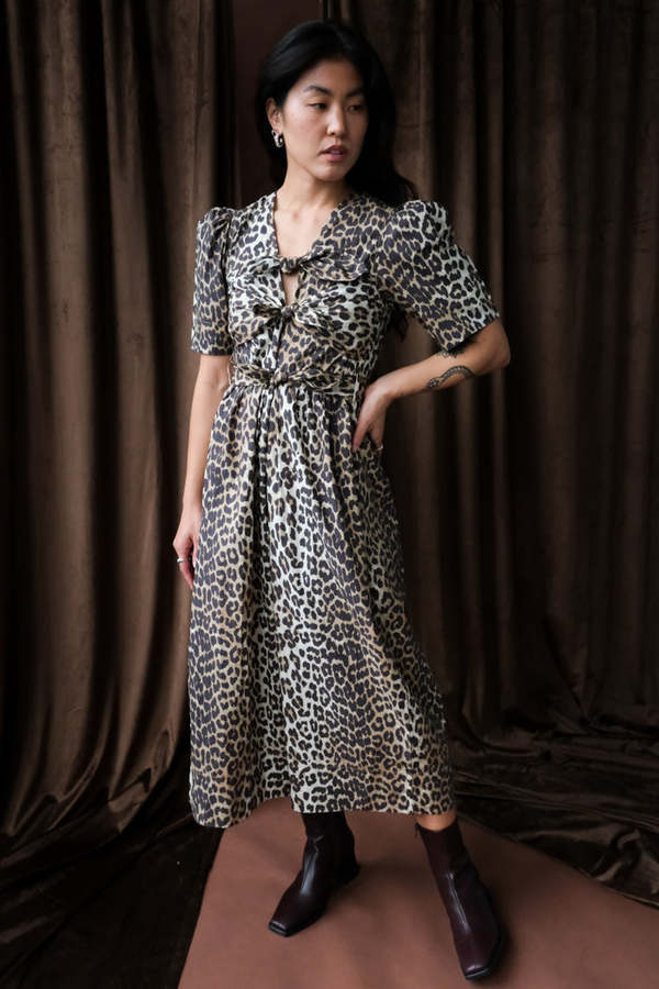 Ganni Printed Cotton Tie Strap Midi Dress