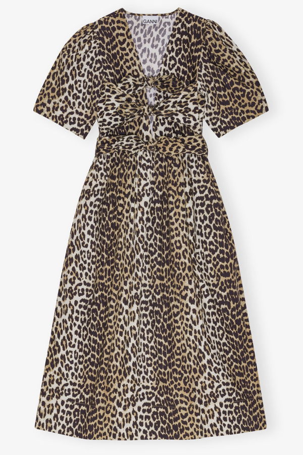 Ganni Printed Cotton Tie Strap Midi Dress - Leopard