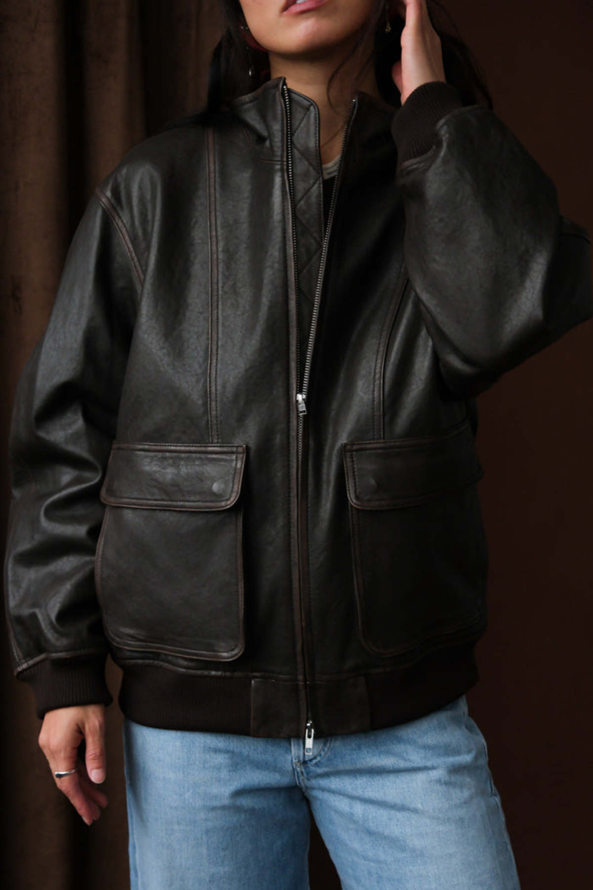Dunst Stand Collared Leather Blouson Jacket - Dark Brown - Image 7 of 19
