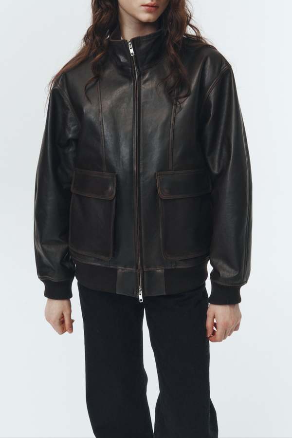 Dunst Stand Collared Leather Blouson Jacket - Dark Brown