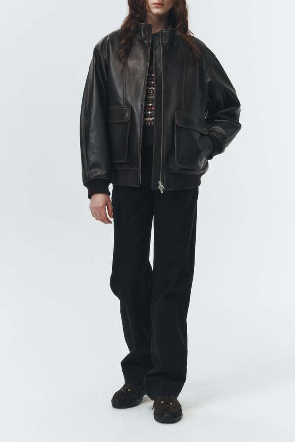 Dunst Stand Collared Leather Blouson Jacket - Dark Brown