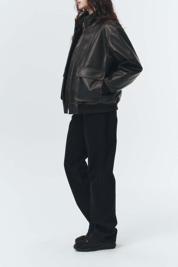 Dunst Stand Collared Leather Blouson Jacket - Dark Brown