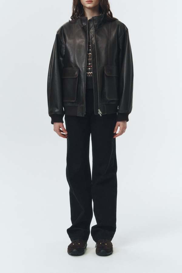 Dunst Stand Collared Leather Blouson Jacket - Dark Brown