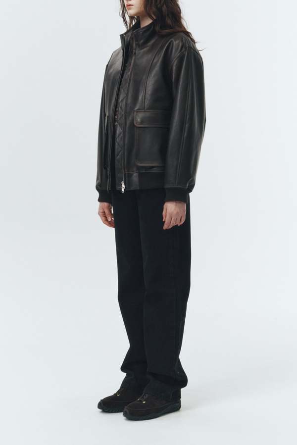 Dunst Stand Collared Leather Blouson Jacket - Dark Brown