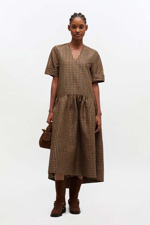 Ganni Crinkled Taffeta Check Long Dress