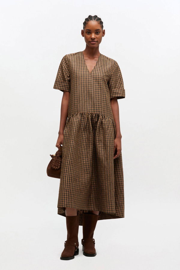 Ganni Crinkled Taffeta Check Long Dress