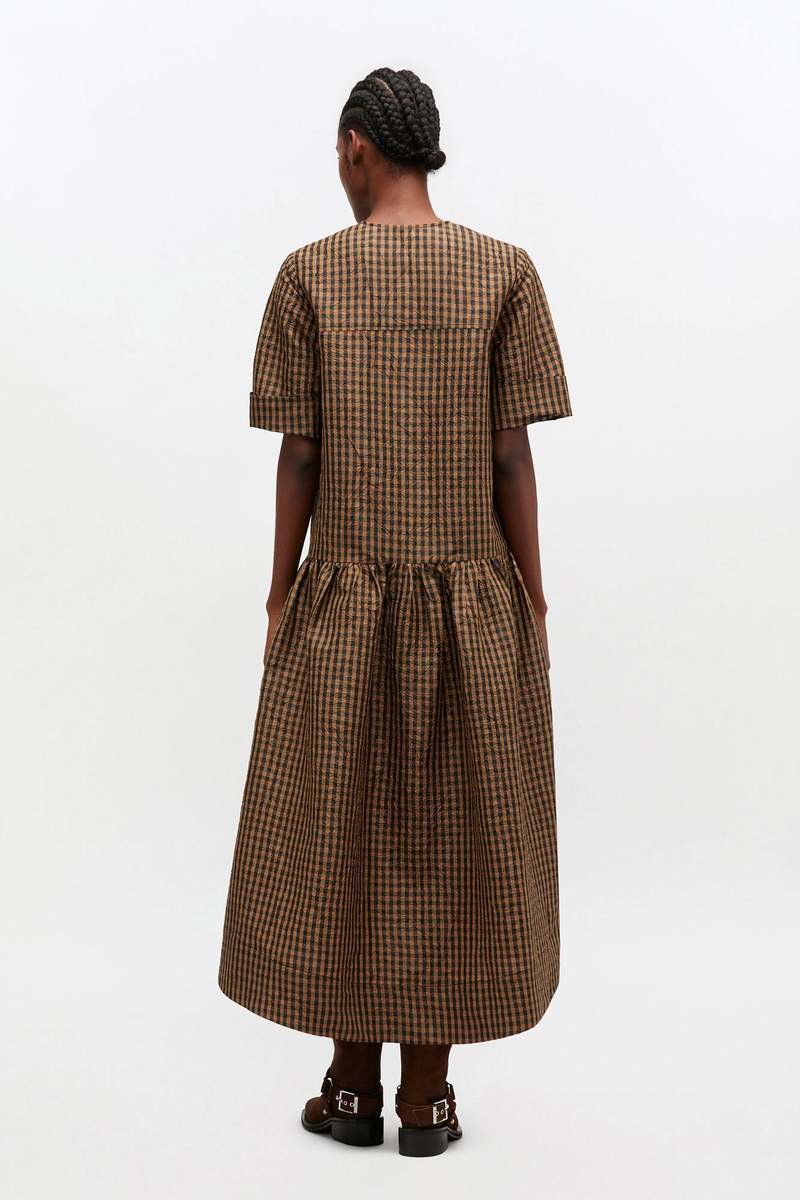 Ganni Crinkled Taffeta Check Long Dress