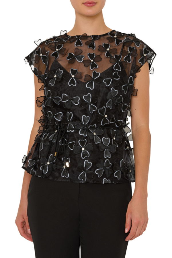 Milly Ryan Clover Bow Organza Top - Black
