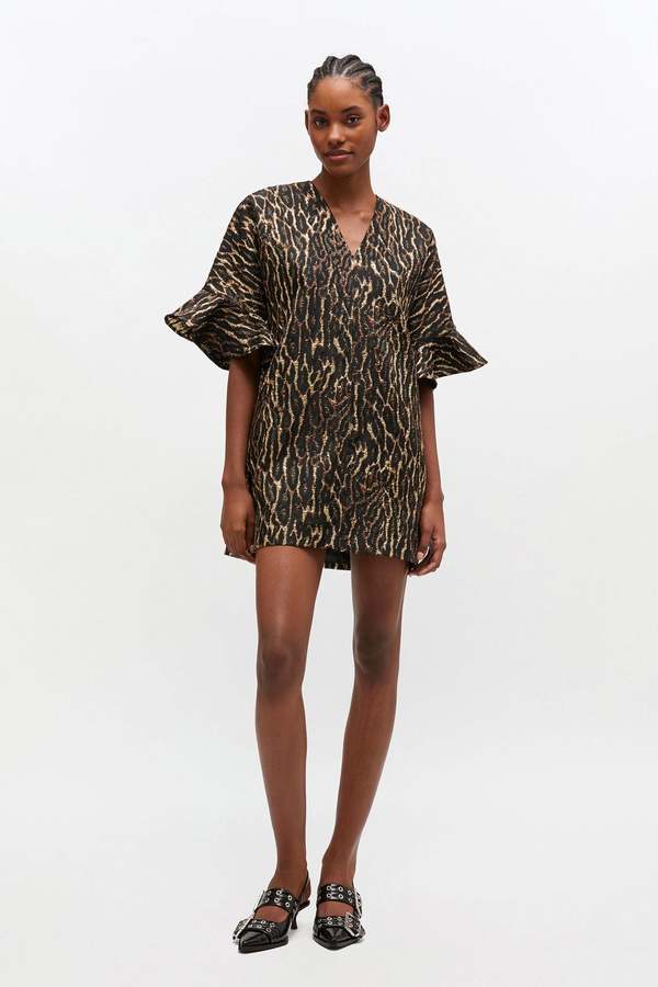 Ganni Metallic Cloque Mini Boxy Dress - Antique Bronze