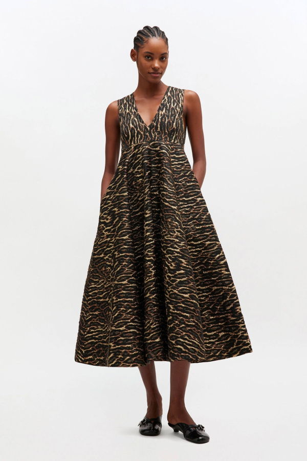 Ganni Metallic Cloque V-Neck Long Dress - Antique Bronze