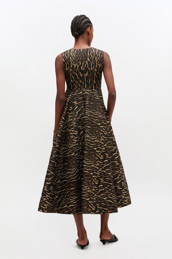 Ganni Metallic Cloque V-Neck Long Dress - Antique Bronze