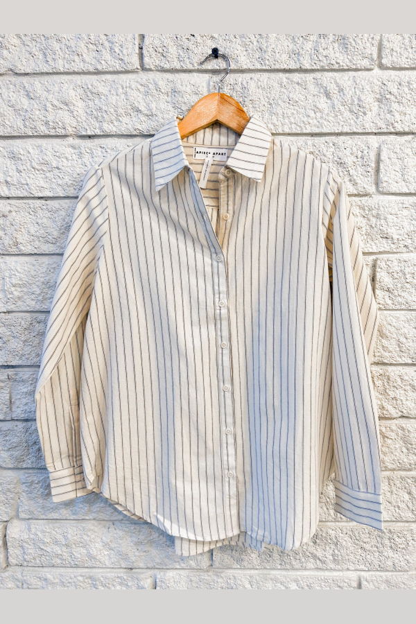 Apiece Apart Sodi Wrap Button Up Shirt - Pina Stripes Cream & Navy