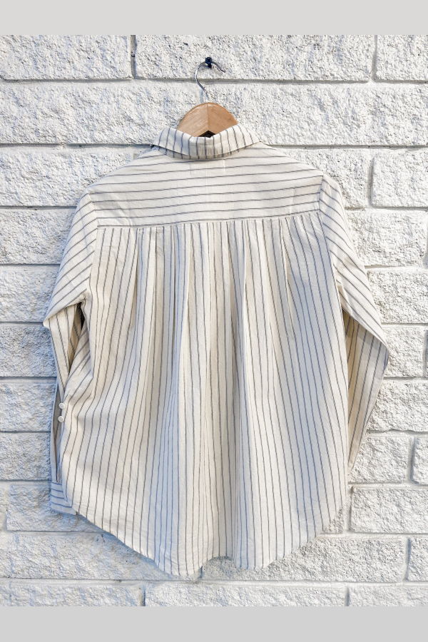 Apiece Apart Sodi Wrap Button Up Shirt - Pina Stripes Cream & Navy