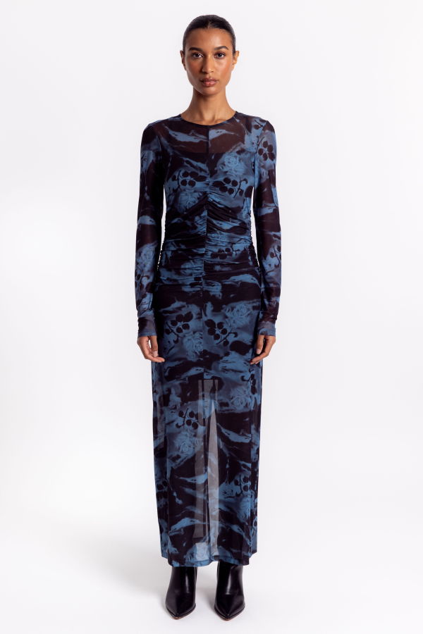 Ganni Printed Mesh O-neck Ruched Long Dress - Blue Shadow