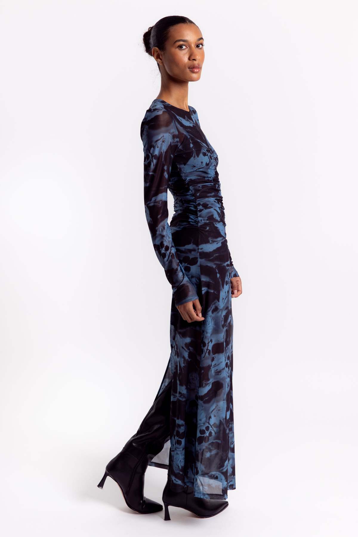 chinese dress ladies Ganni BLUE FLORAL CRINKLED SATIN LONG DRESS