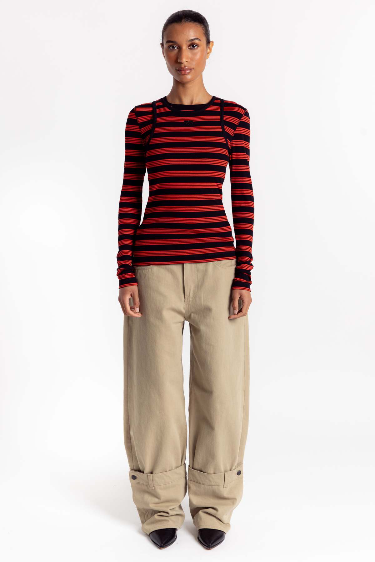 Ganni Soft Cotton Rib Striped Long Sleeve Top - Red Alert - Image 1 of 5