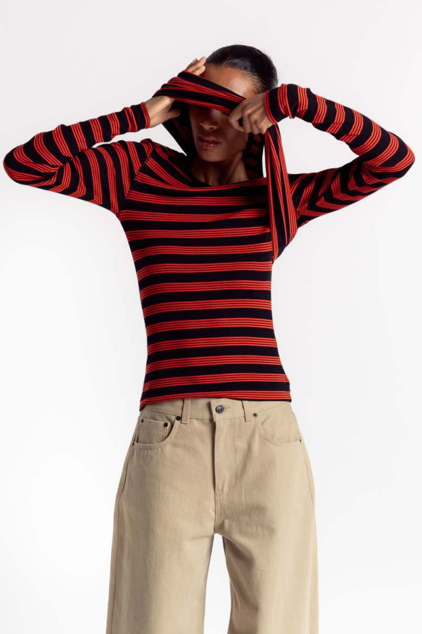 Ganni Soft Cotton Rib Striped Long Sleeve Top - Red Alert