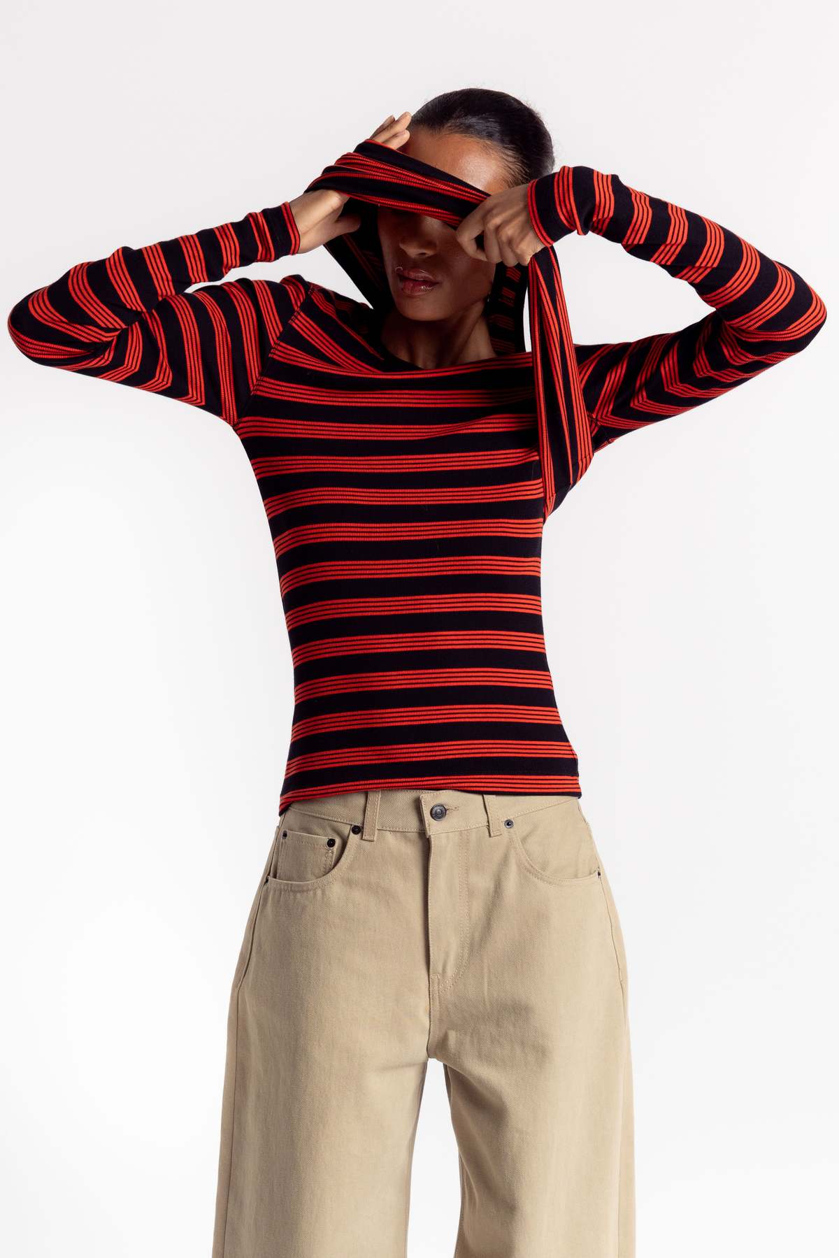 Ganni Soft Cotton Rib Striped Long Sleeve Top - Red Alert - Image 2 of 5