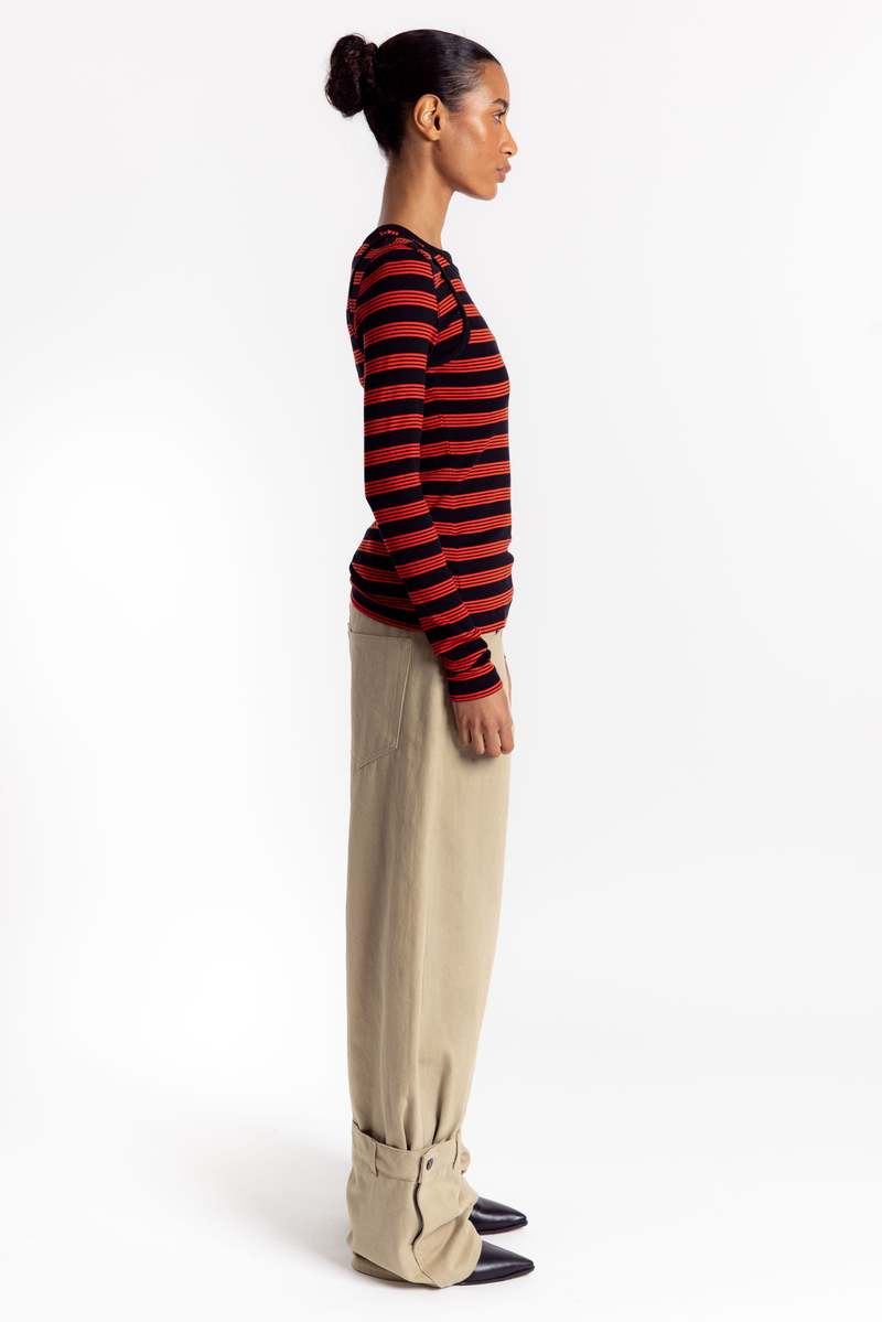 Ganni Soft Cotton Rib Striped Long Sleeve Top - Red Alert