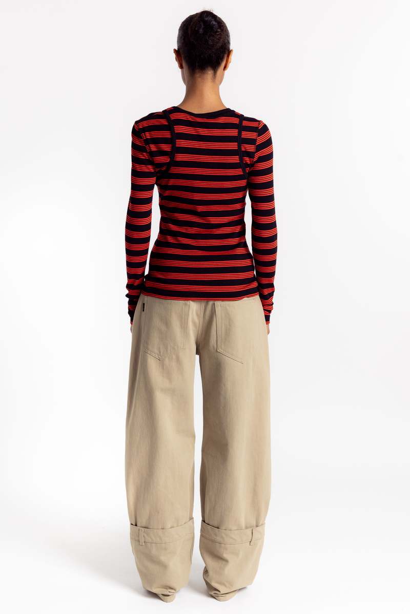 Ganni Soft Cotton Rib Striped Long Sleeve Top - Red Alert
