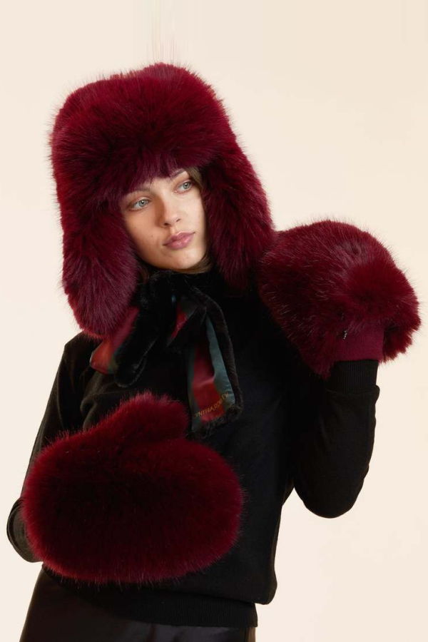 Cynthia Rowley Faux Fur Oversized Mittens - Burgundy